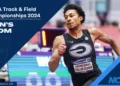 Christopher Morales Williams, clad in a black uniform, races in the men's 400m event at the NCAA Track & Field Championships 2024.