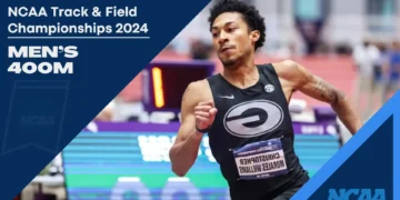 Christopher Morales Williams, clad in a black uniform, races in the men's 400m event at the NCAA Track & Field Championships 2024.