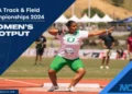 An athlete prepares to release a shot put at the 2024 NCAA Championships. Text overlay reads "NCAA Track & Field Championships 2024 Women’s Shot Put Champion Jaida Ross".