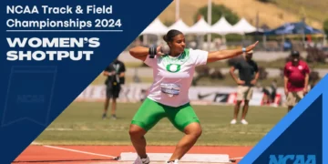 An athlete prepares to release a shot put at the 2024 NCAA Championships. Text overlay reads "NCAA Track & Field Championships 2024 Women’s Shot Put Champion Jaida Ross".