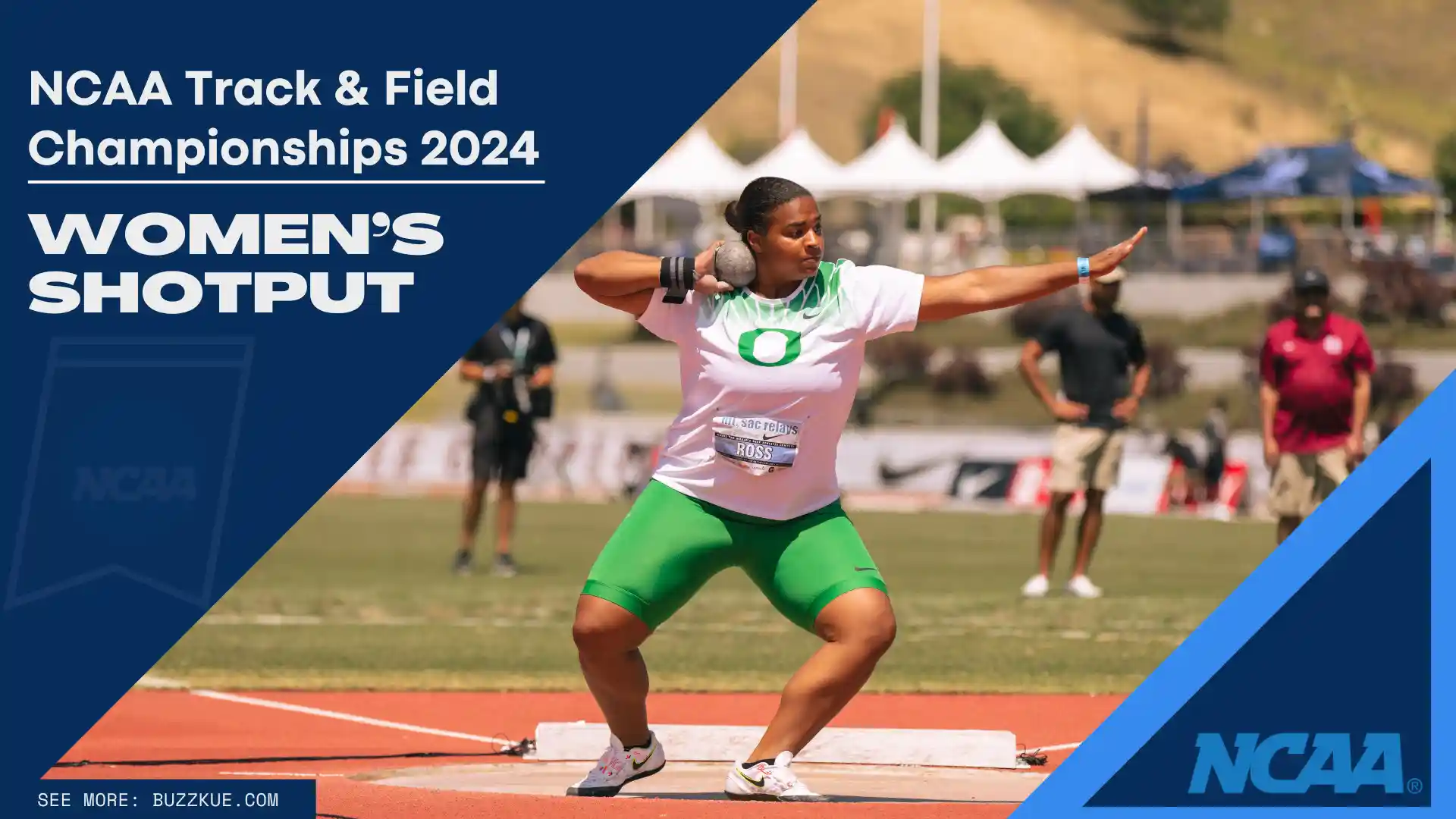 An athlete prepares to release a shot put at the 2024 NCAA Championships. Text overlay reads "NCAA Track & Field Championships 2024 Women’s Shot Put Champion Jaida Ross".