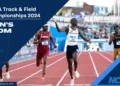 Athletes compete in the men's 200m race at the NCAA Track & Field Championships 2024, with Penn State's Cheickna Traore crossing the finish line first.