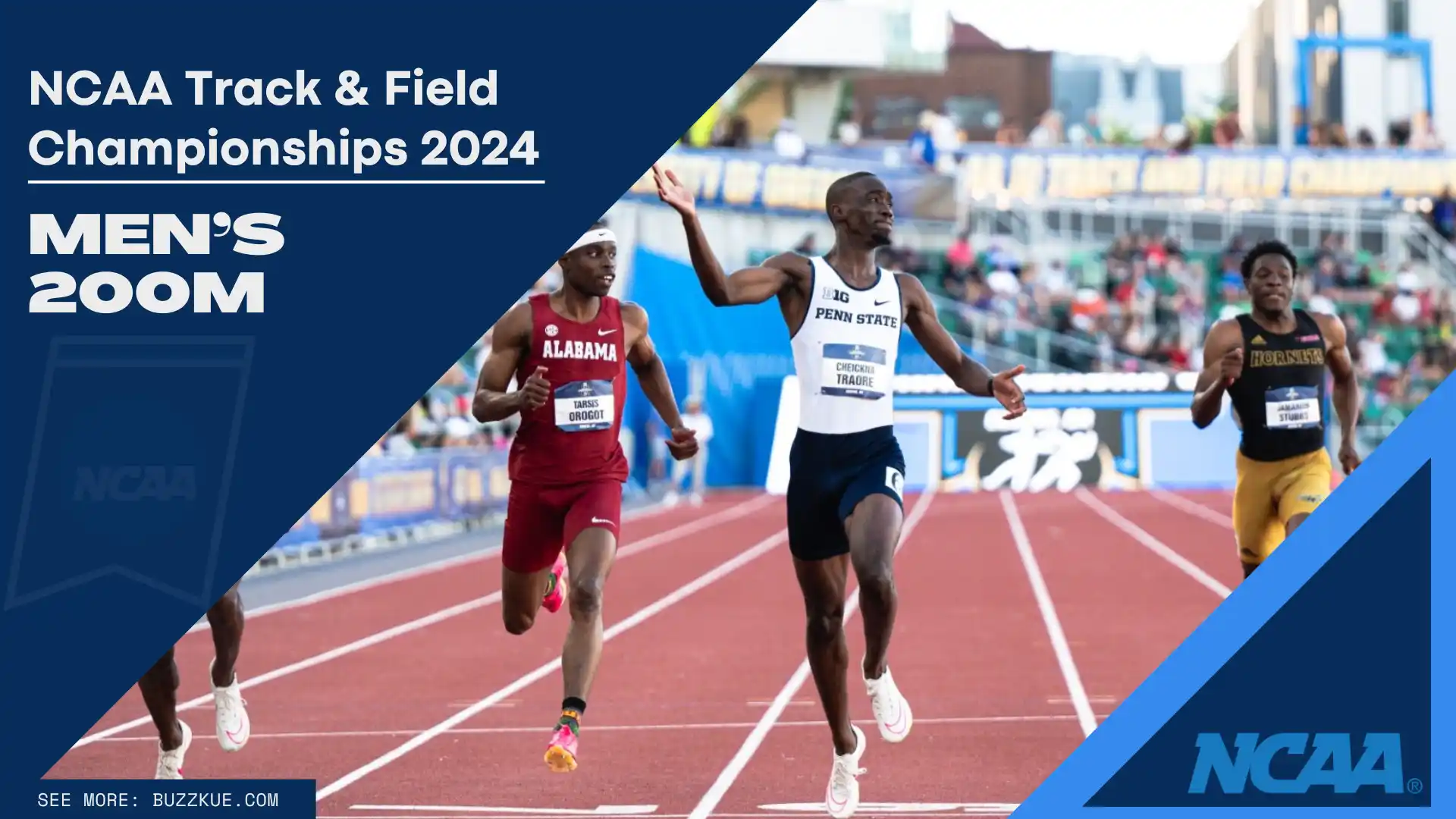 Athletes compete in the men's 200m race at the NCAA Track & Field Championships 2024, with Penn State's Cheickna Traore crossing the finish line first.