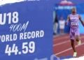 An athlete runs on a track wearing a purple uniform. Text on the image reads, "U18 400m World Record 44.59 - Quincy Wilson," celebrating his potential for the US Olympic Trials.