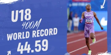 An athlete runs on a track wearing a purple uniform. Text on the image reads, "U18 400m World Record 44.59 - Quincy Wilson," celebrating his potential for the US Olympic Trials.