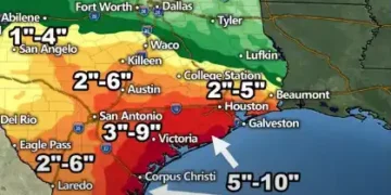 Map showing rainfall projections for Texas in June 2024, with areas in different colors indicating amounts from 1"-12". Cities labeled include Houston, Dallas, and Corpus Christi, with varying rainfall indicators. Despite a forecast of scorching heat, these projections are crucial for planning against potential air quality issues.