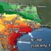 Map showing rainfall projections for Texas in June 2024, with areas in different colors indicating amounts from 1"-12". Cities labeled include Houston, Dallas, and Corpus Christi, with varying rainfall indicators. Despite a forecast of scorching heat, these projections are crucial for planning against potential air quality issues.