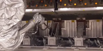 A robotic arm operates in an industrial setting at Pixelle Specialty Solutions, manipulating a row of switches on a complex machinery panel, with multiple lit indicators in the background. The system enhances efficiency, particularly in tasks like recovery boiler operation and smelt spout cleaning.