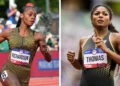 Two female athletes, Sha'Carri Richardson and Gabby Thomas, are running on a track, each wearing bibs with their names. They're fiercely competing in the 200m Olympic Qualification event.