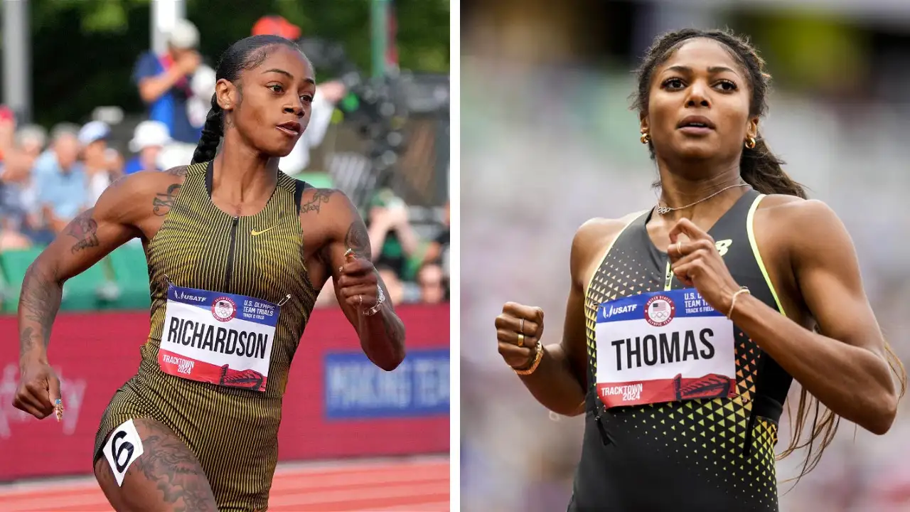 Two female athletes, Sha'Carri Richardson and Gabby Thomas, are running on a track, each wearing bibs with their names. They're fiercely competing in the 200m Olympic Qualification event.