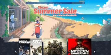 Steam Summer Sale 2024 banner showcasing a beach scene with a character on a red scooter. Text indicates the sale runs until July 13, 10 AM Pacific. Featured game titles include "Rainbow Six Siege" and "Modern Warfare." Enjoy massive discounts on your favorite games!