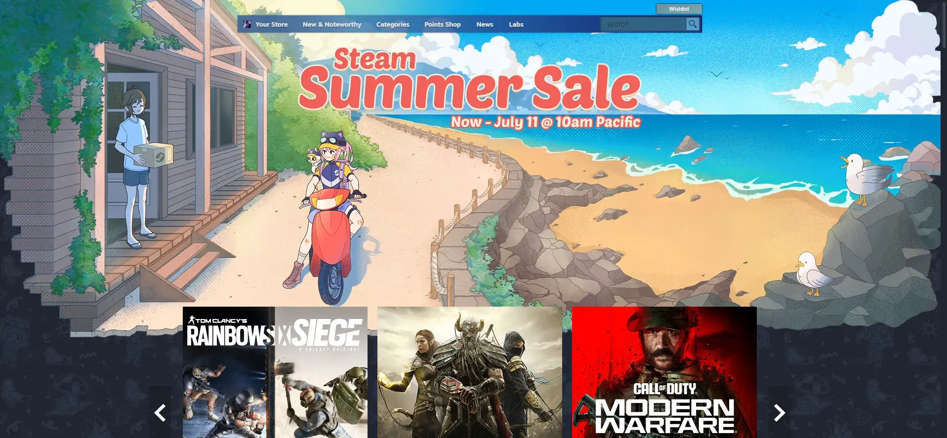 Steam Summer Sale 2024 banner showcasing a beach scene with a character on a red scooter. Text indicates the sale runs until July 13, 10 AM Pacific. Featured game titles include "Rainbow Six Siege" and "Modern Warfare." Enjoy massive discounts on your favorite games!