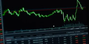 A computer screen displaying a financial trading chart with fluctuating green and red lines, data tables below indicating market trends and transactions, highlights the Nifty 50 gains as part of the recent Sensex surge in the Indian stock market.