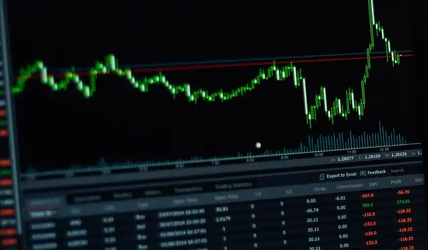 A computer screen displaying a financial trading chart with fluctuating green and red lines, data tables below indicating market trends and transactions, highlights the Nifty 50 gains as part of the recent Sensex surge in the Indian stock market.