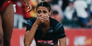 Sydney McLaughlin-Levrone stoop down at Olympic trials after Breaking the 400m Hurdles World Record in a time of 50.65