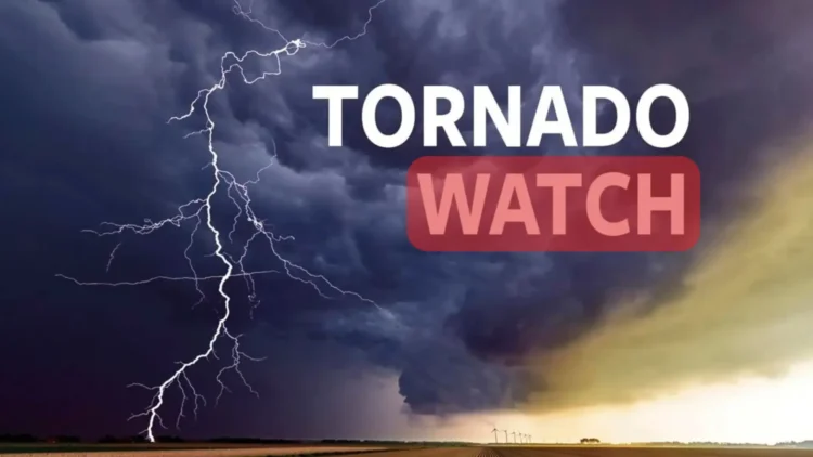 Image of dark storm clouds with lightning, displaying the text "TORNADO WATCH" in bold white and red letters. Issued by NWS, this warning highlights the severe New York weather conditions.