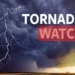 Image of dark storm clouds with lightning, displaying the text "TORNADO WATCH" in bold white and red letters. Issued by NWS, this warning highlights the severe New York weather conditions.