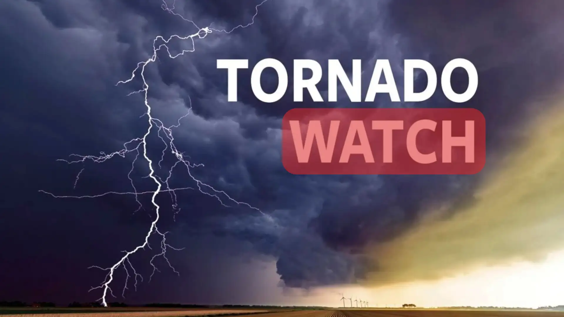 Image of dark storm clouds with lightning, displaying the text "TORNADO WATCH" in bold white and red letters. Issued by NWS, this warning highlights the severe New York weather conditions.