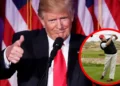 Donald Trump in a suit and red tie gives a thumbs up at a podium. An inset image shows the same man wearing a red hat and perfecting his golf swing, perhaps during a Mar-a-Lago outing.