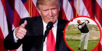Donald Trump in a suit and red tie gives a thumbs up at a podium. An inset image shows the same man wearing a red hat and perfecting his golf swing, perhaps during a Mar-a-Lago outing.