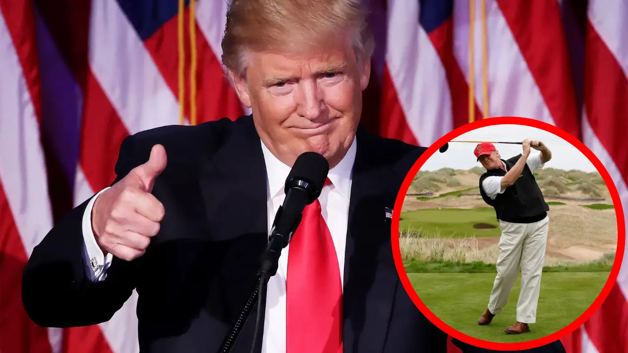 Donald Trump in a suit and red tie gives a thumbs up at a podium. An inset image shows the same man wearing a red hat and perfecting his golf swing, perhaps during a Mar-a-Lago outing.