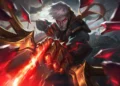 A character with white hair and glowing red eyes wields a sword inscribed with Domination runes, standing in a dark, shattered background. The scene calls to mind the dramatic art style of Riot Games' League of Legends.