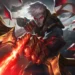 A character with white hair and glowing red eyes wields a sword inscribed with Domination runes, standing in a dark, shattered background. The scene calls to mind the dramatic art style of Riot Games' League of Legends.