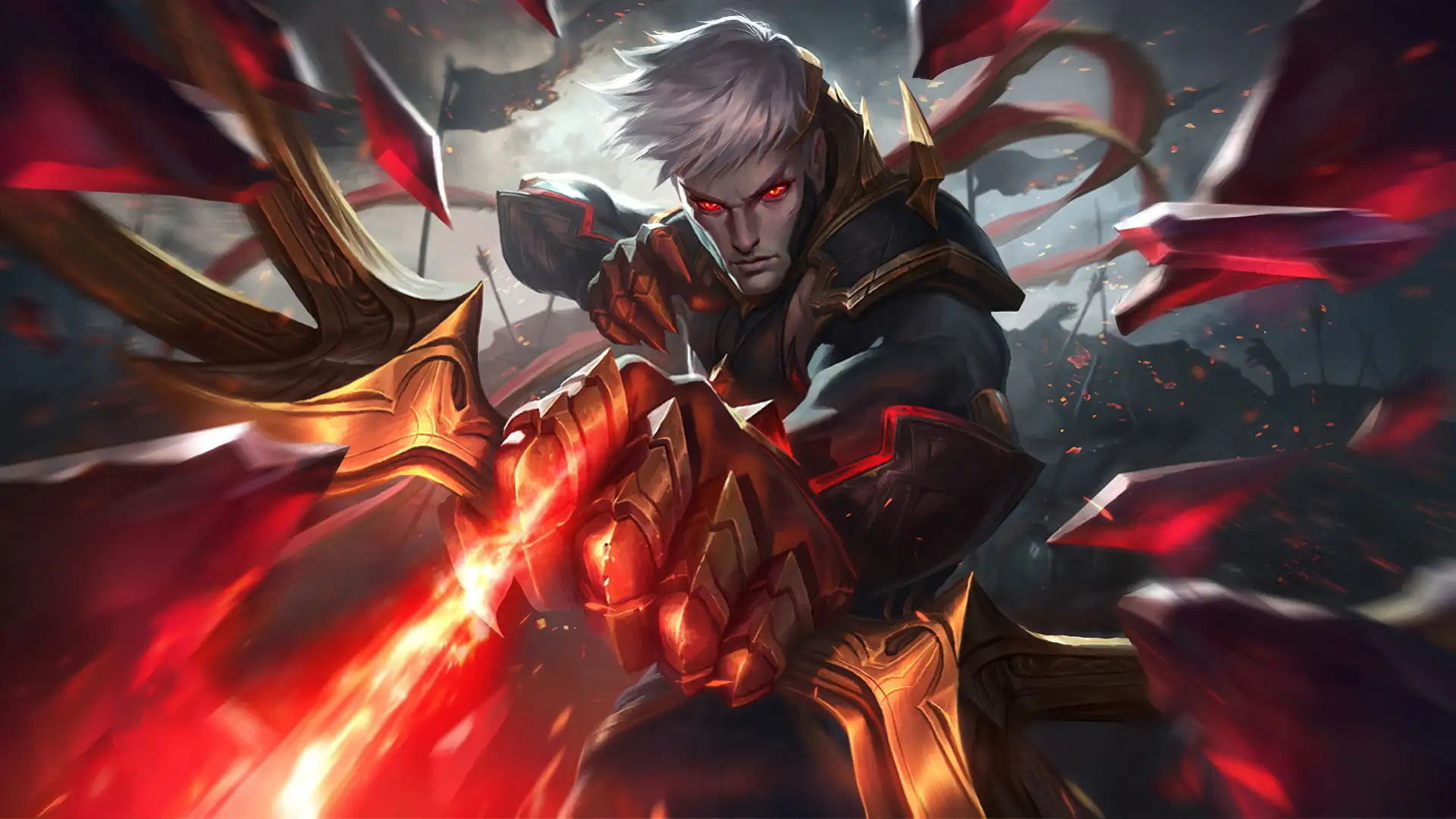 A character with white hair and glowing red eyes wields a sword inscribed with Domination runes, standing in a dark, shattered background. The scene calls to mind the dramatic art style of Riot Games' League of Legends.