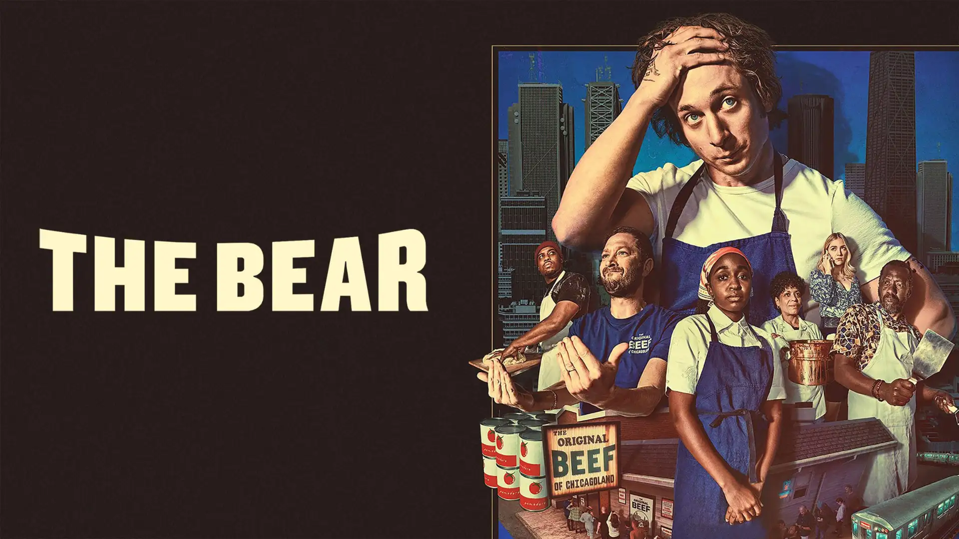 The promotional image for "The Bear" Season 3 showcases a group of people in work attire, some holding kitchen utensils, set against a cityscape background, with Carmy at the forefront. This season promises to delve deeper into their journey toward achieving Michelin Star excellence.