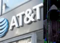 A sign for the AT&T company is on the left. On the right, an image of a person in a hooded jacket with computer code superimposed hints at an AT&T data breach or hacking activity.