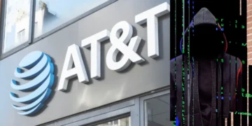 A sign for the AT&T company is on the left. On the right, an image of a person in a hooded jacket with computer code superimposed hints at an AT&T data breach or hacking activity.