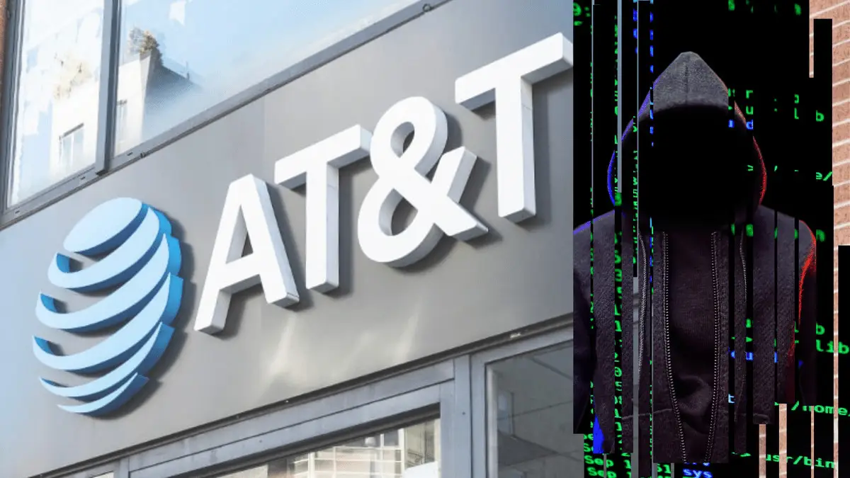 A sign for the AT&T company is on the left. On the right, an image of a person in a hooded jacket with computer code superimposed hints at an AT&T data breach or hacking activity.