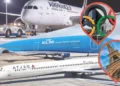 Three airplanes from Air France, KLM, and Delta Air Lines on a tarmac. Inset images include the Olympic rings against a stadium and the Eiffel Tower. Summer tourism is expected to soar, but some travelers might avoid Paris Olympics crowds by opting for alternative destinations.