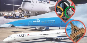 Three airplanes from Air France, KLM, and Delta Air Lines on a tarmac. Inset images include the Olympic rings against a stadium and the Eiffel Tower. Summer tourism is expected to soar, but some travelers might avoid Paris Olympics crowds by opting for alternative destinations.