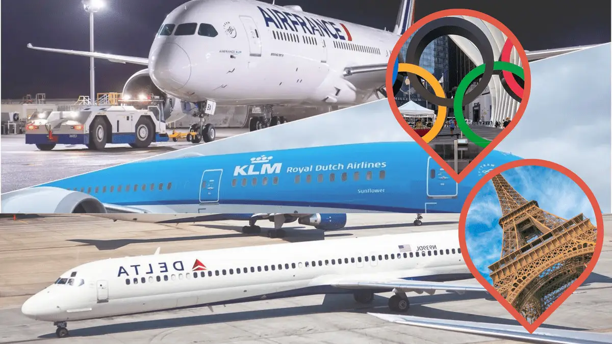 Three airplanes from Air France, KLM, and Delta Air Lines on a tarmac. Inset images include the Olympic rings against a stadium and the Eiffel Tower. Summer tourism is expected to soar, but some travelers might avoid Paris Olympics crowds by opting for alternative destinations.
