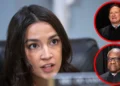 Alexandria Ocasio-Cortez speaking while seated. To the right, there are two inset images of men, each encircled in red—identified as Supreme Court Justices Samuel Alito and Clarence Thomas.