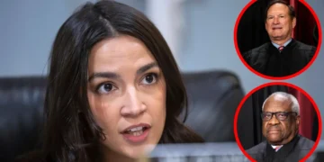 Alexandria Ocasio-Cortez speaking while seated. To the right, there are two inset images of men, each encircled in red—identified as Supreme Court Justices Samuel Alito and Clarence Thomas.