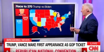 A CNN news anchor stands beside an electoral map displaying the 2020 US presidential election results, highlighting CNN projections with red and blue states and respective Electoral College votes for Donald Trump and Biden.