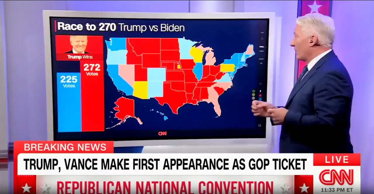 A CNN news anchor stands beside an electoral map displaying the 2020 US presidential election results, highlighting CNN projections with red and blue states and respective Electoral College votes for Donald Trump and Biden.