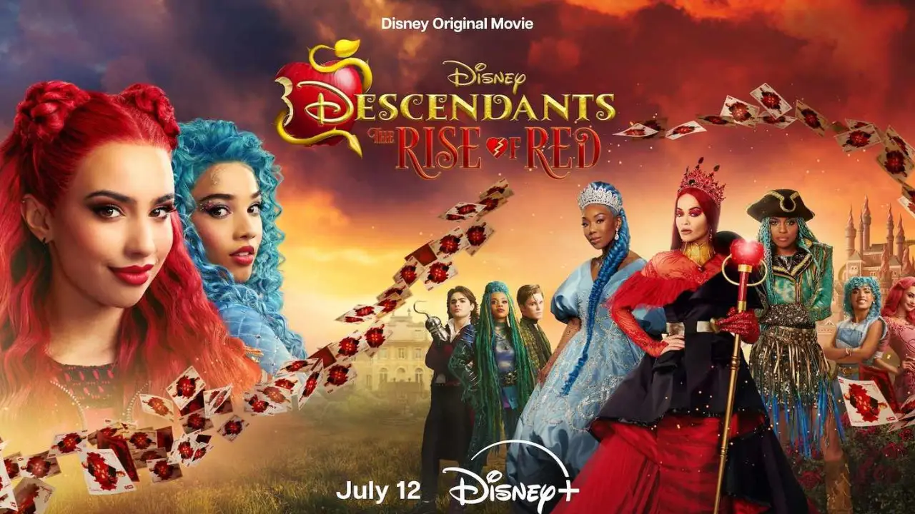 Promotional image for Disney Channel's "Descendants: The Rise of Red" featuring character portraits in colorful costumes against a dramatic sky backdrop. Catch the premiere on July 12 on Disney+. Don't miss the magic of Descendants 2024!