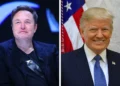 A composite image features a man in a black shirt and blazer on the left, while on the right stands another man in a navy suit with a blue tie, positioned in front of a U.S. flag. The scene is reminiscent of political dynamics involving figures like Elon Musk and Pro-Trump Super PACs amidst Biden criticism.