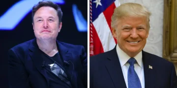 A composite image features a man in a black shirt and blazer on the left, while on the right stands another man in a navy suit with a blue tie, positioned in front of a U.S. flag. The scene is reminiscent of political dynamics involving figures like Elon Musk and Pro-Trump Super PACs amidst Biden criticism.