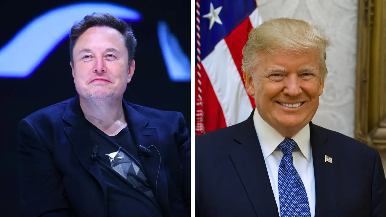 A composite image features a man in a black shirt and blazer on the left, while on the right stands another man in a navy suit with a blue tie, positioned in front of a U.S. flag. The scene is reminiscent of political dynamics involving figures like Elon Musk and Pro-Trump Super PACs amidst Biden criticism.