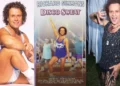 Three images of fitness icon Richard Simmons. Left: Simmons sitting with hands clasped over knees. Center: Cover of the workout video "Disco Sweat." Right: Simmons posing with one hand on hip and the other making a gesture.