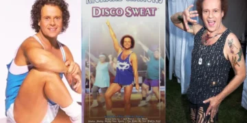 Three images of fitness icon Richard Simmons. Left: Simmons sitting with hands clasped over knees. Center: Cover of the workout video "Disco Sweat." Right: Simmons posing with one hand on hip and the other making a gesture.