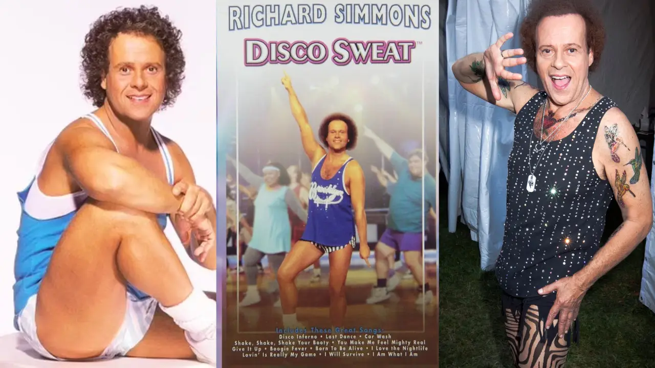 Three images of fitness icon Richard Simmons. Left: Simmons sitting with hands clasped over knees. Center: Cover of the workout video "Disco Sweat." Right: Simmons posing with one hand on hip and the other making a gesture.
