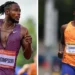 Two male athletes in mid-run, with Kishane Thompson in a purple uniform labeled "Thompson" on the left, and Tebogo in an orange uniform on the right, competing at the Gyulai István Memorial outdoor track event in the Men's 100m race.
