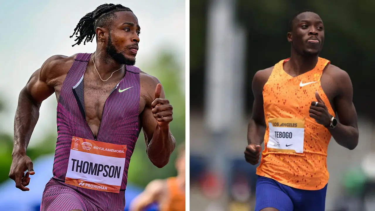 Two male athletes in mid-run, with Kishane Thompson in a purple uniform labeled "Thompson" on the left, and Tebogo in an orange uniform on the right, competing at the Gyulai István Memorial outdoor track event in the Men's 100m race.