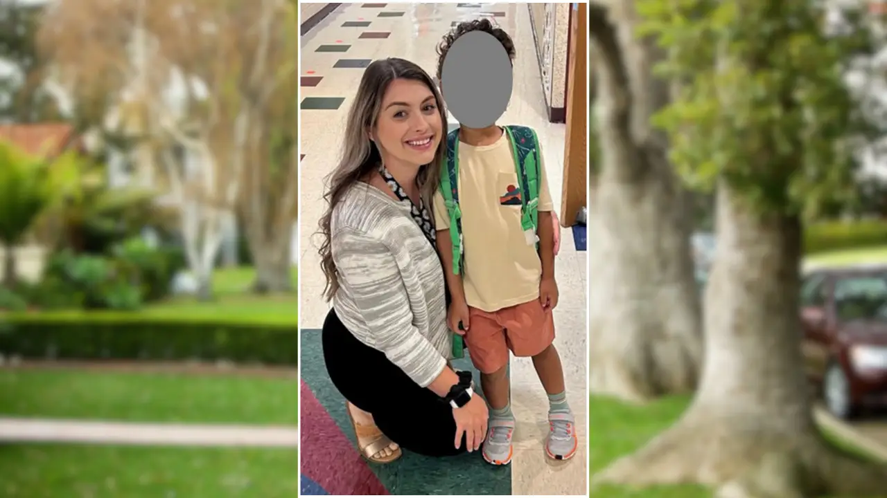 A woman kneels next to a child with a greyed-out face, both smiling in a school hallway. The child, presumably her son, wears colorful clothing and a backpack.