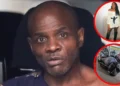 Chad Irish, an ex-convict, in New York Murder case looks toward the camera, with two inset images beside him: one showing a Yazmeen Williams in a black and white dress, and the other depicting a her body in a sleeping bag.